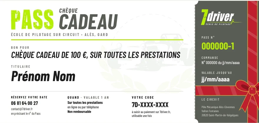 Chèque cadeau 7'Driver nominatif, avec son code unique
