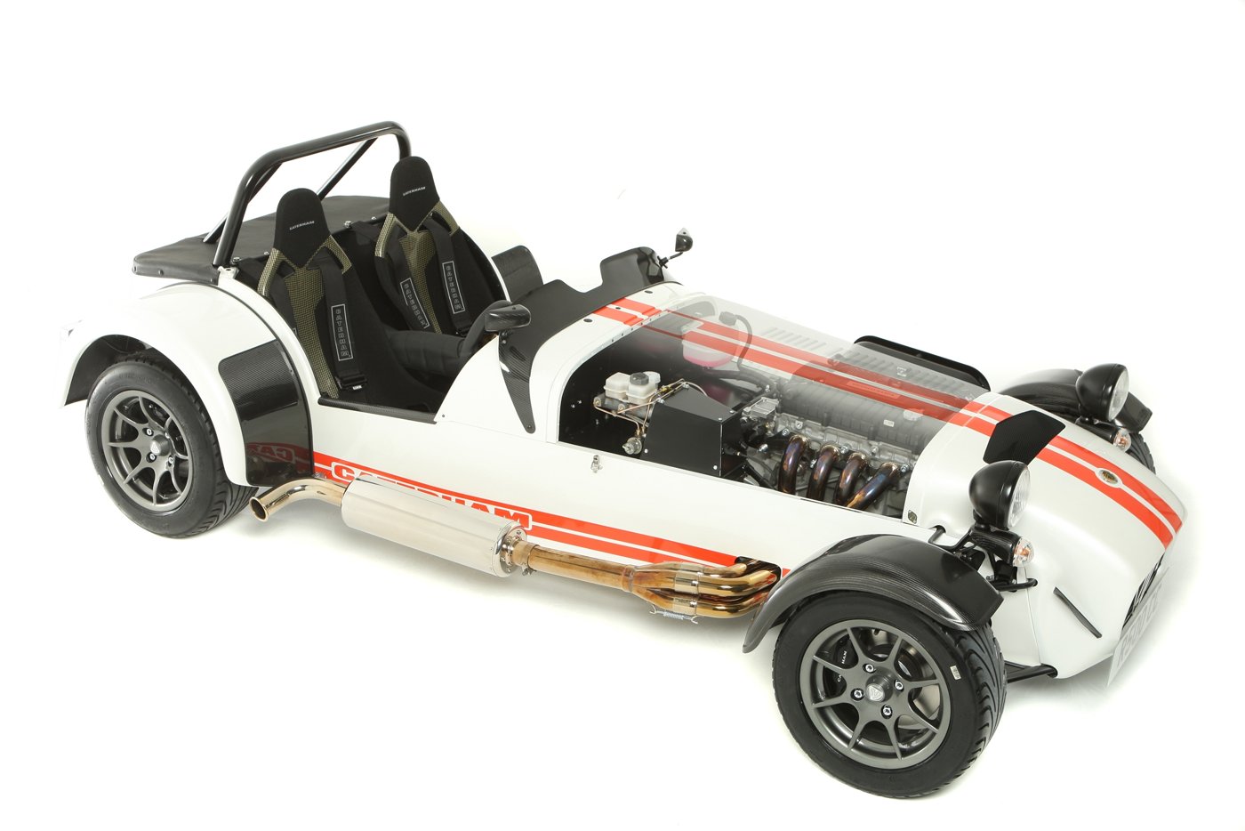 Caterham Super 7 en vue écorchée : châssis tubulaire, moteur, échappement et suspensions